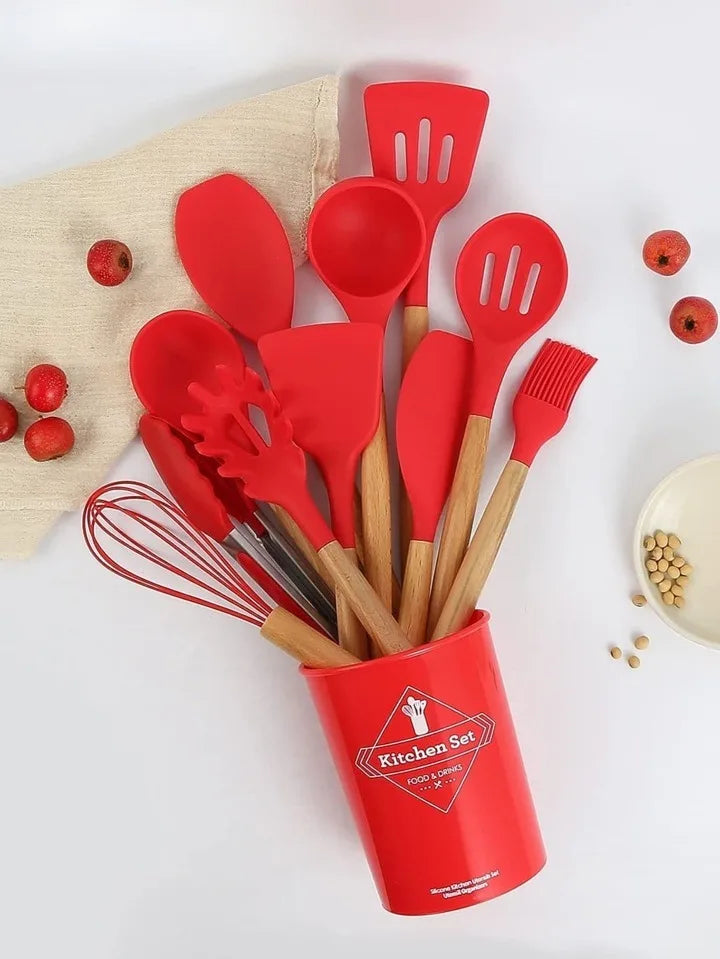 Jogo de Cozinha Kit C/12 Peças Vermelho Para Ceia de Natal Festas Utensílios Silicone Cabo de Madeira Antiaderentes Reveillon