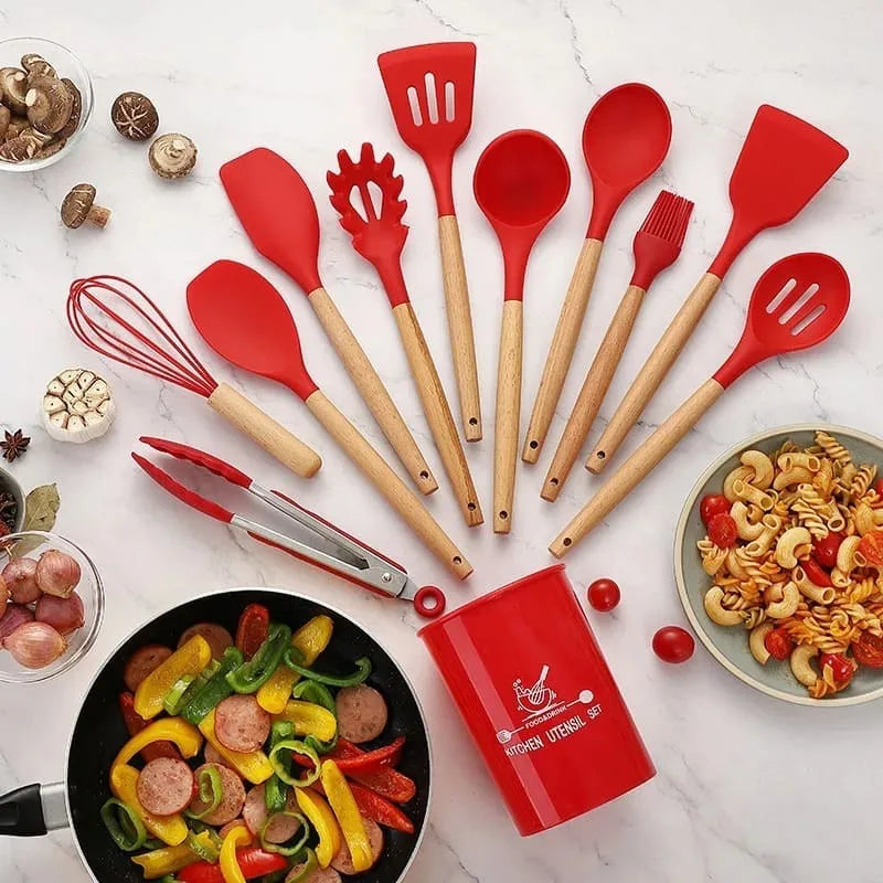 Jogo de Cozinha Kit C/12 Peças Vermelho Para Ceia de Natal Festas Utensílios Silicone Cabo de Madeira Antiaderentes Reveillon