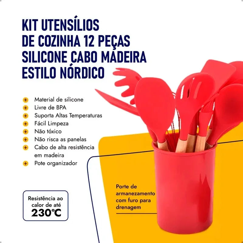 Jogo de Cozinha Kit C/12 Peças Vermelho Para Ceia de Natal Festas Utensílios Silicone Cabo de Madeira Antiaderentes Reveillon