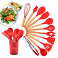 Jogo de Cozinha Kit C/12 Peças Vermelho Para Ceia de Natal Festas Utensílios Silicone Cabo de Madeira Antiaderentes Reveillon