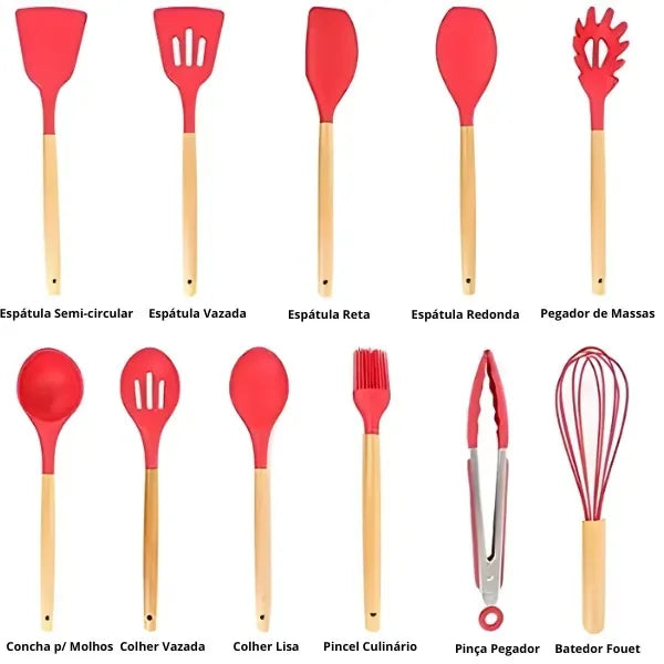 Jogo de Cozinha Kit C/12 Peças Vermelho Para Ceia de Natal Festas Utensílios Silicone Cabo de Madeira Antiaderentes Reveillon