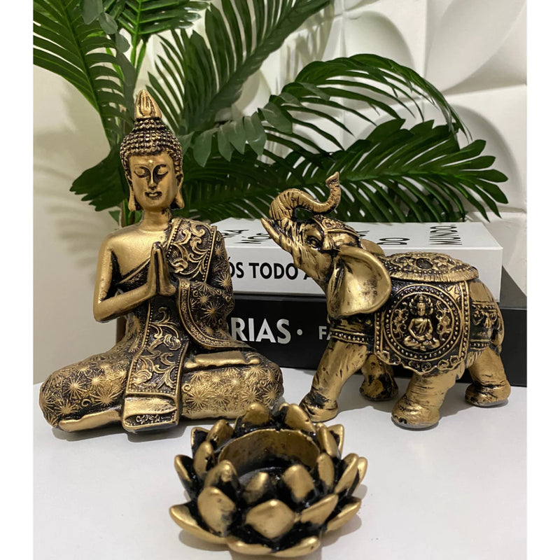 Kit Estátua De Buda + Castiçal Flor de Lotus + Elefante Indiano Promocional Dourado Prata