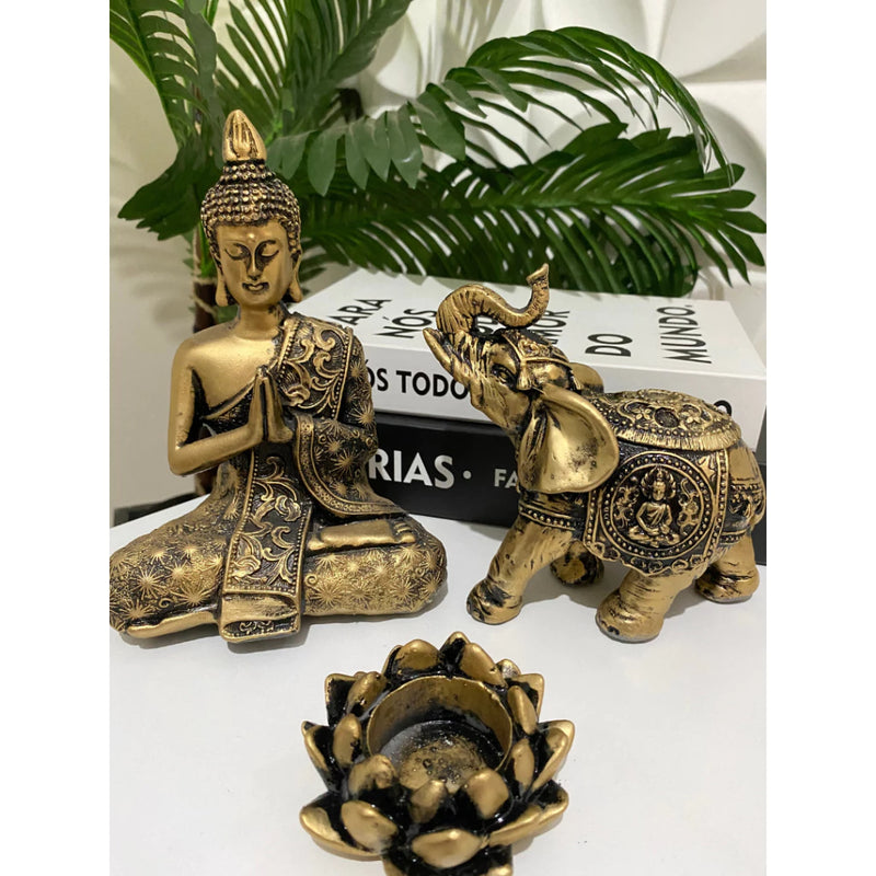 Kit Estátua De Buda + Castiçal Flor de Lotus + Elefante Indiano Promocional Dourado Prata