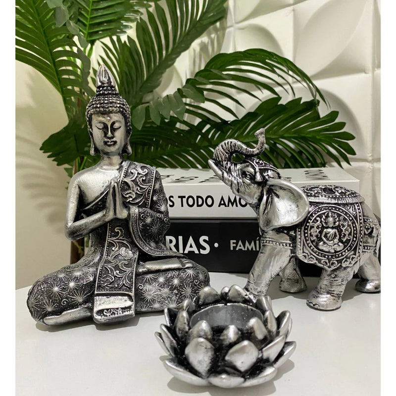 Kit Estátua De Buda + Castiçal Flor de Lotus + Elefante Indiano Promocional Dourado Prata