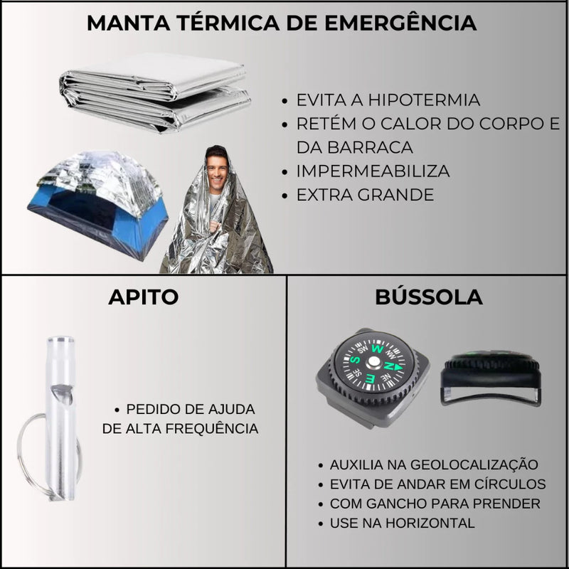 Kit Sobrevivência 80 itens Emergência Primeiros Socorros Acampamento Tático Militar Aventura Trilha