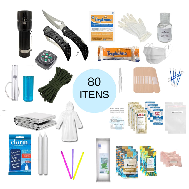 Kit Sobrevivência 80 itens Emergência Primeiros Socorros Acampamento Tático Militar Aventura Trilha