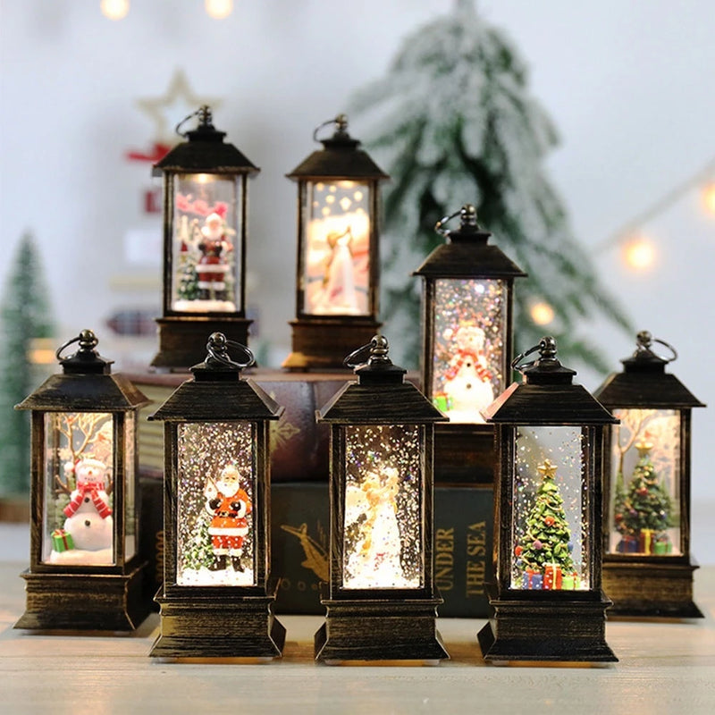 Lanterna De Natal Com Lâmpada De Neve LED Mesa De Bronze Ornamentos Pendurados Nocturnos